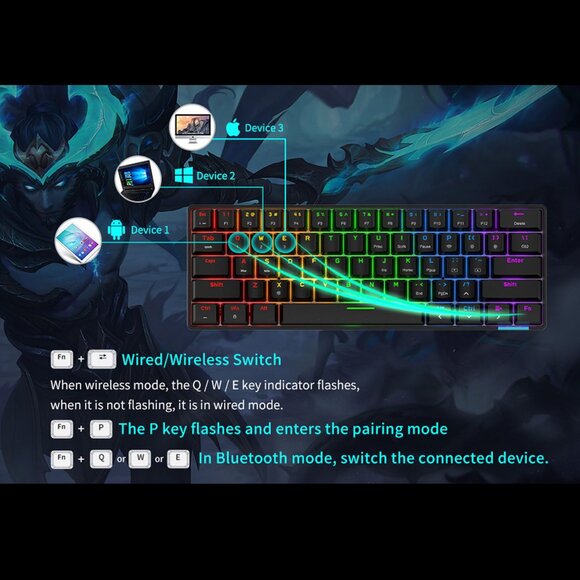 Gaming RBG Keyboard Wired Wireless Bluetooth Rainbow Backlit Black Light 61 Keys - Picture 8 of 11